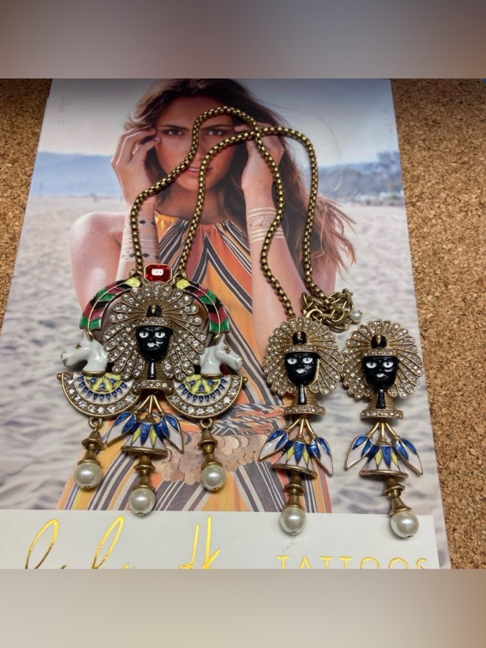 K9 Antique Gold Egyptian Pharaoh Pendant Necklace/Brooch&Earrings Set -